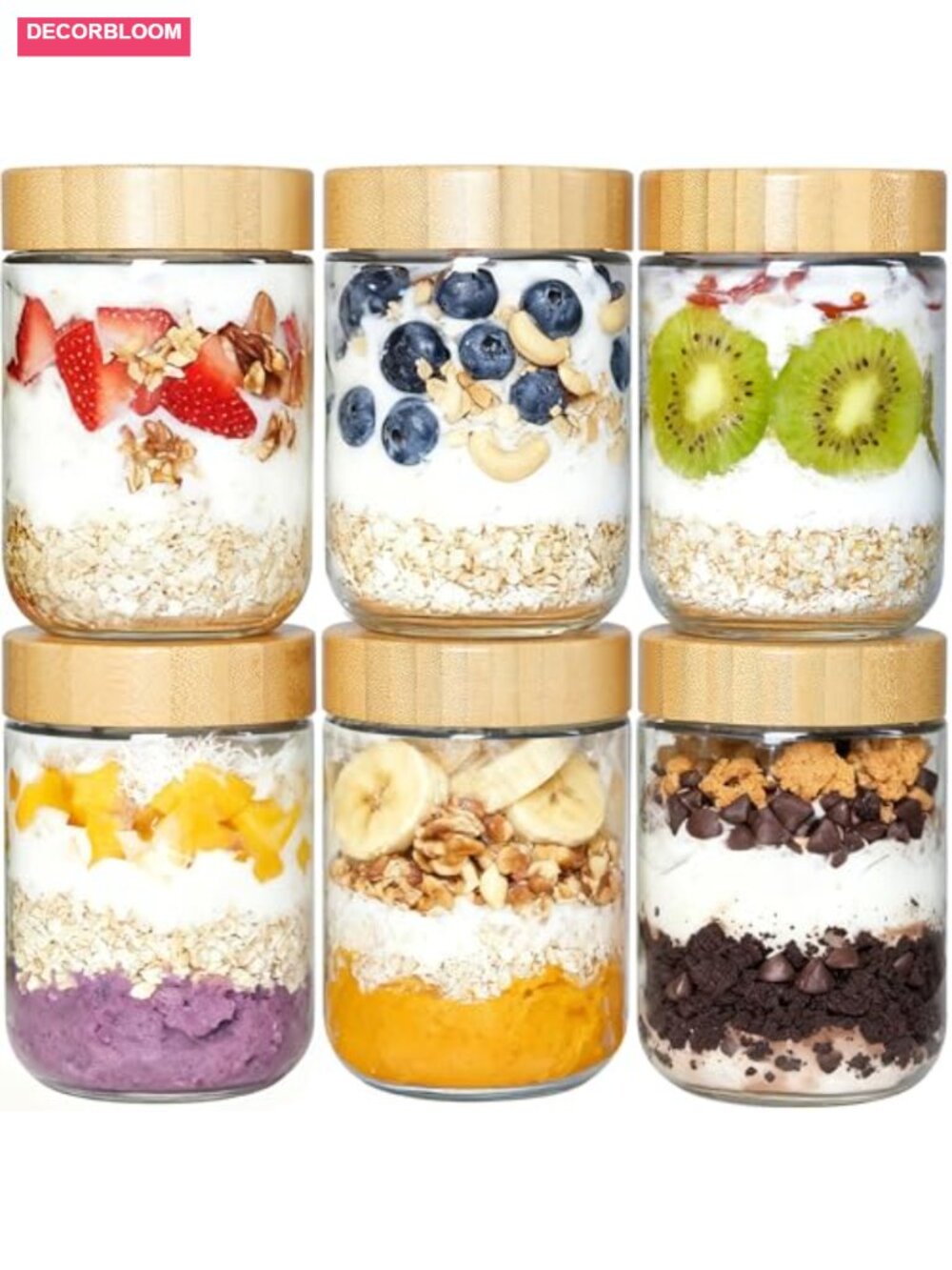6 Pack 16oz Glass Overnight Oats Containers with Bamboo Lids, Leak Proof, Food